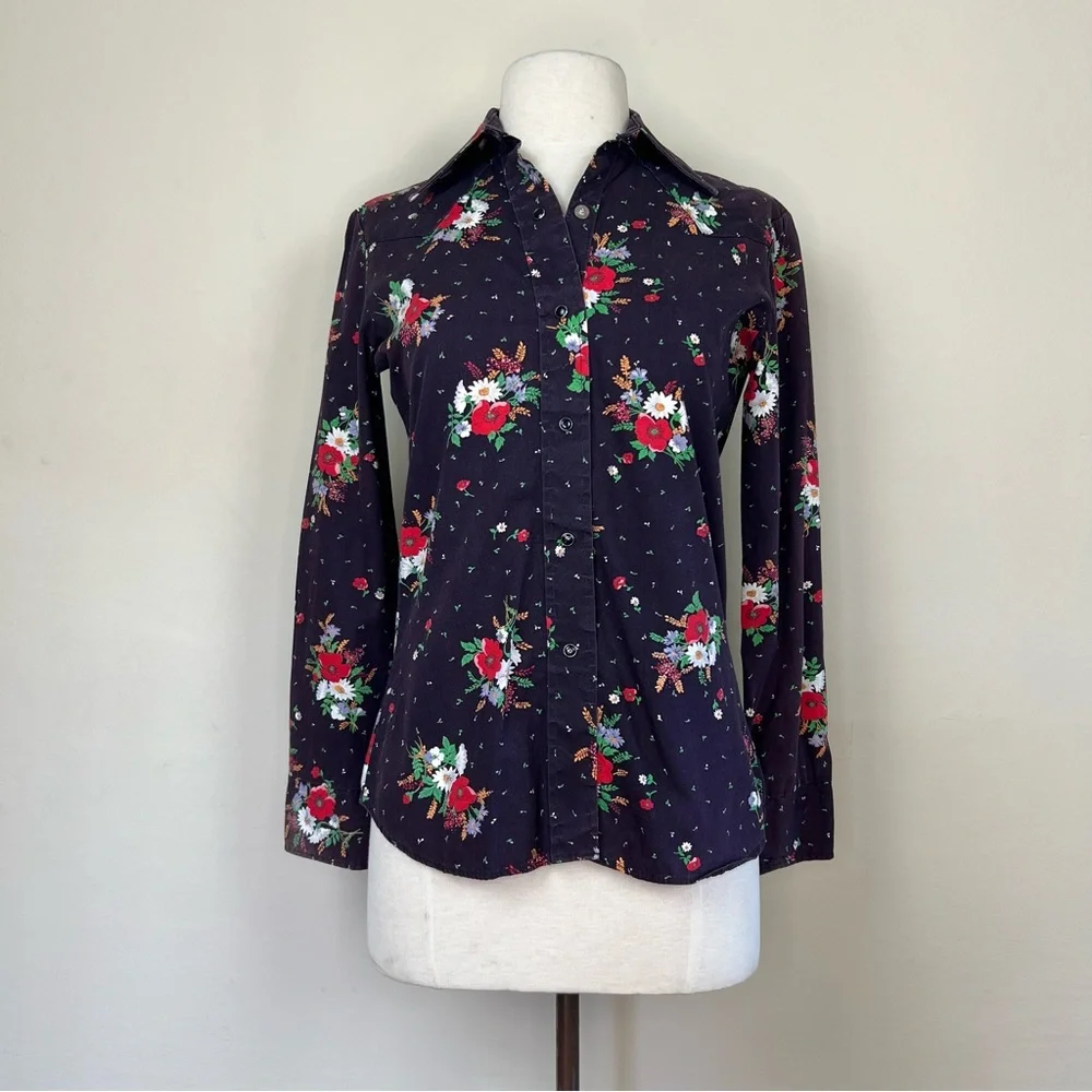 vintage 1950s western shirt black pearl snaps floral print dagger collar hippie - Picture 7 of 14
